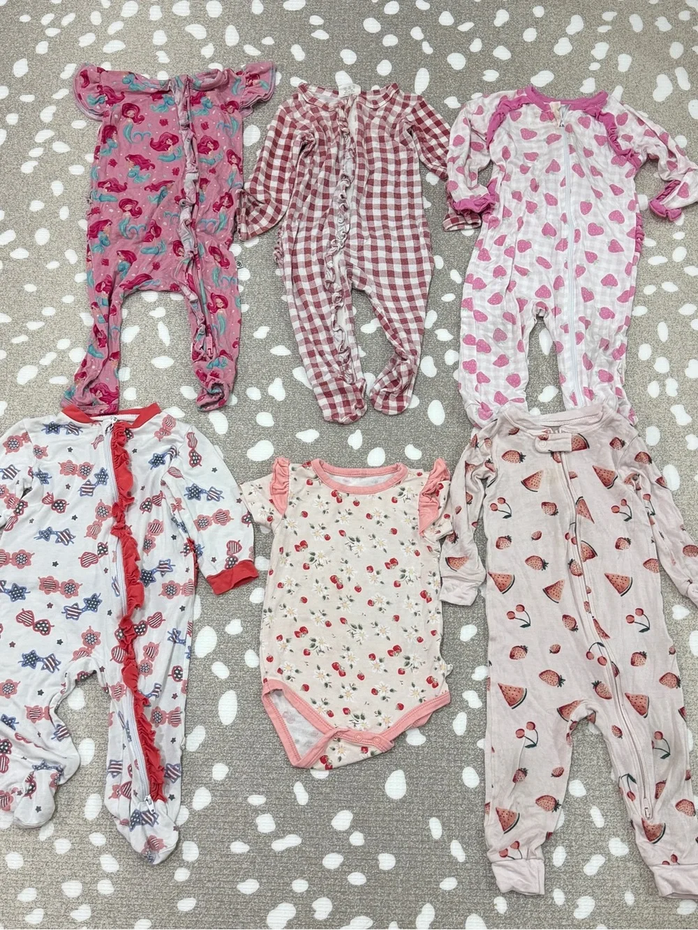 Lot of 6 bamboo footies baby girl colorful print zippy ruffle fruits floral - Picture 11 of 13